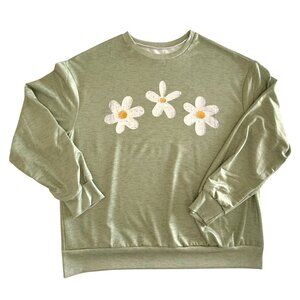 Daisy Graphic Sweatshirt Womens XL Sage Green Soft Stretch Casual Pullover